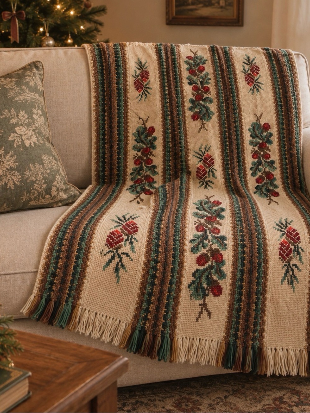 VTG Hand Crocheted Needlepoint Christmas Heirloom Afghan Blanket Cherries Acorns
